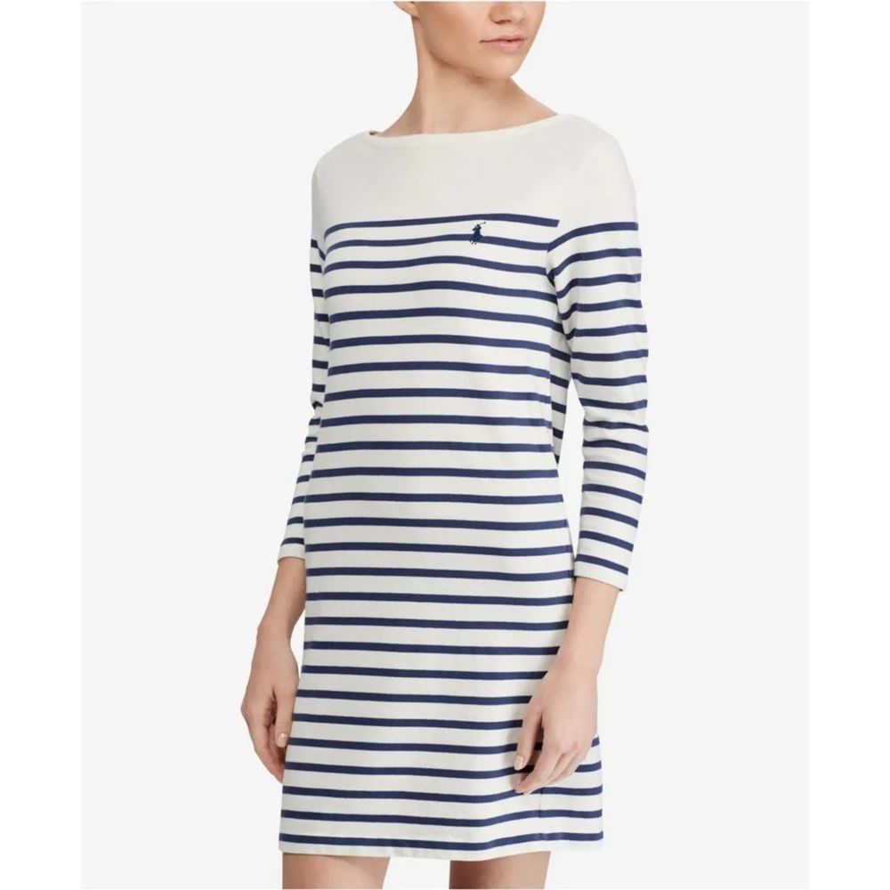 Polo Ralph Lauren Striped Cotton Jersey Dress Navy Blue & White 3/4 Sleeve Sz S